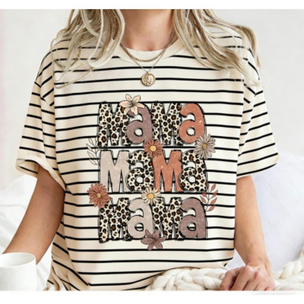 Fashion Funny Grid Leopard Mama Print Women's Short Sleeves T-Shirt Loose Casual Summer Outdoor Street Women's Tees Tops