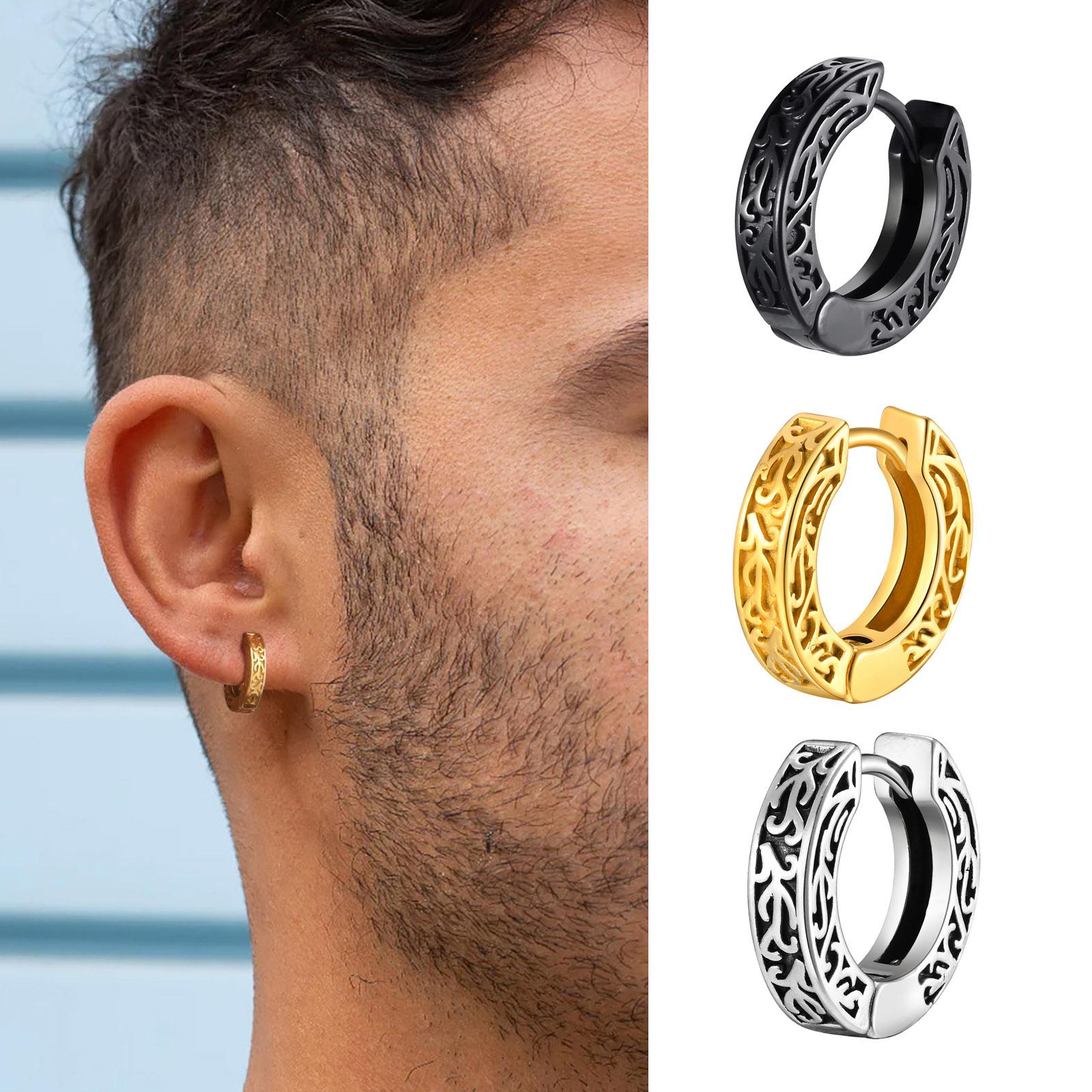 Boucles d'oreilles créoles Totem pour Hommes Adolescents, Boucles d'oreilles Huggies en Acier Inoxydable Anti-allergie Noir, Rock Punk Oreille Zircon