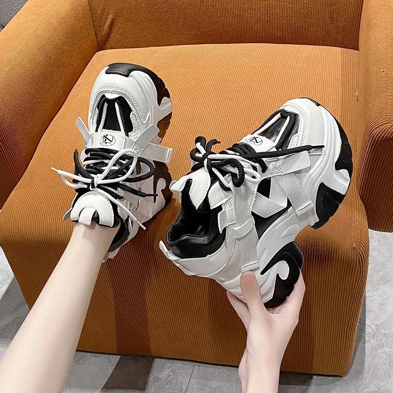 Fashion 10.5CM Women Casual Leather Sneaker Autumn Lace Up High Platform Shoes Thick Sole Sport Dad Shoes Woman Sneakers Chaussure Femme