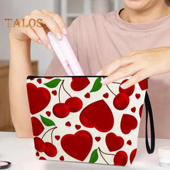 Cosmetic Storage Bag Heart And Cherrt Printing Contrast Color Makeup Organizer Zipper Closure Large Capacity Portable with Hanging Strap Beauty Bag