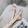 Fashion crystal narrow band sandalias mujer low heel clear slippers women rhinestone strap flip flops shiny party shoes big size 43