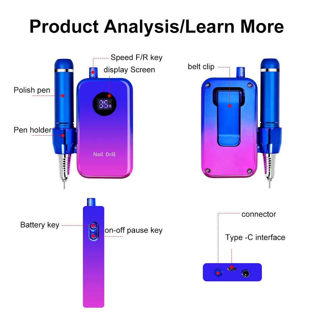 Professional 35000RPM Portable Electric Nail Drill Machine Display Nails Sander For Acrylic Gel Polish Rechargeable Nail Tool