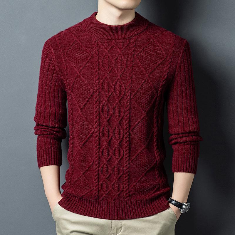 Winter Men's Wool Blend Jacquard Sweater: Thickened Long Sleeve, Half-High Collar, Fashion Casual for All Ages