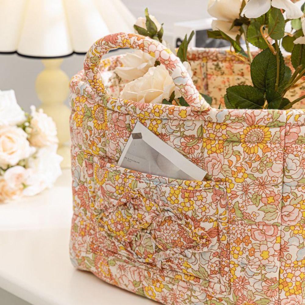 Fabric Floral Pattern Storage Basket Large Capacity Easy Carry Handles Fabric Laundry Basket Quilted Design Collapsible Design