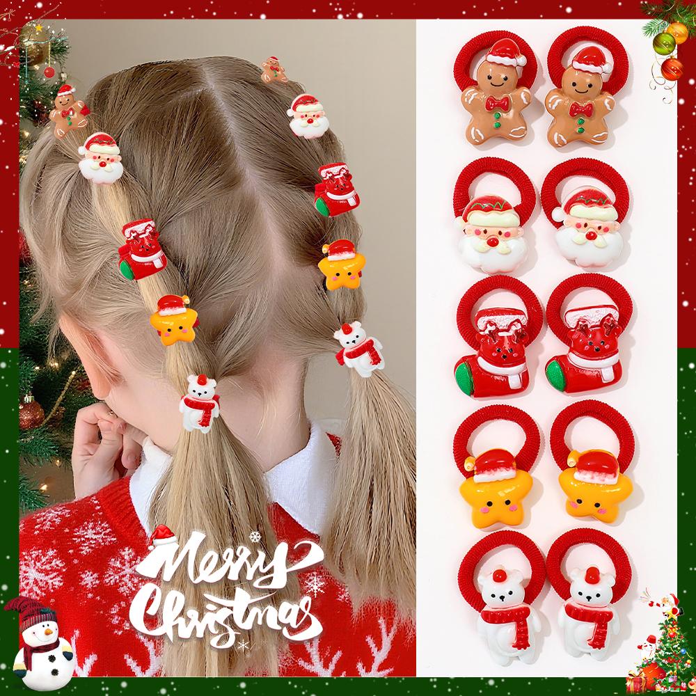 Cute Christmas Hair Ties for Girls, Santa Christmas Tree, Snowman Design, Ideal Gift for New Year, 10-Pack