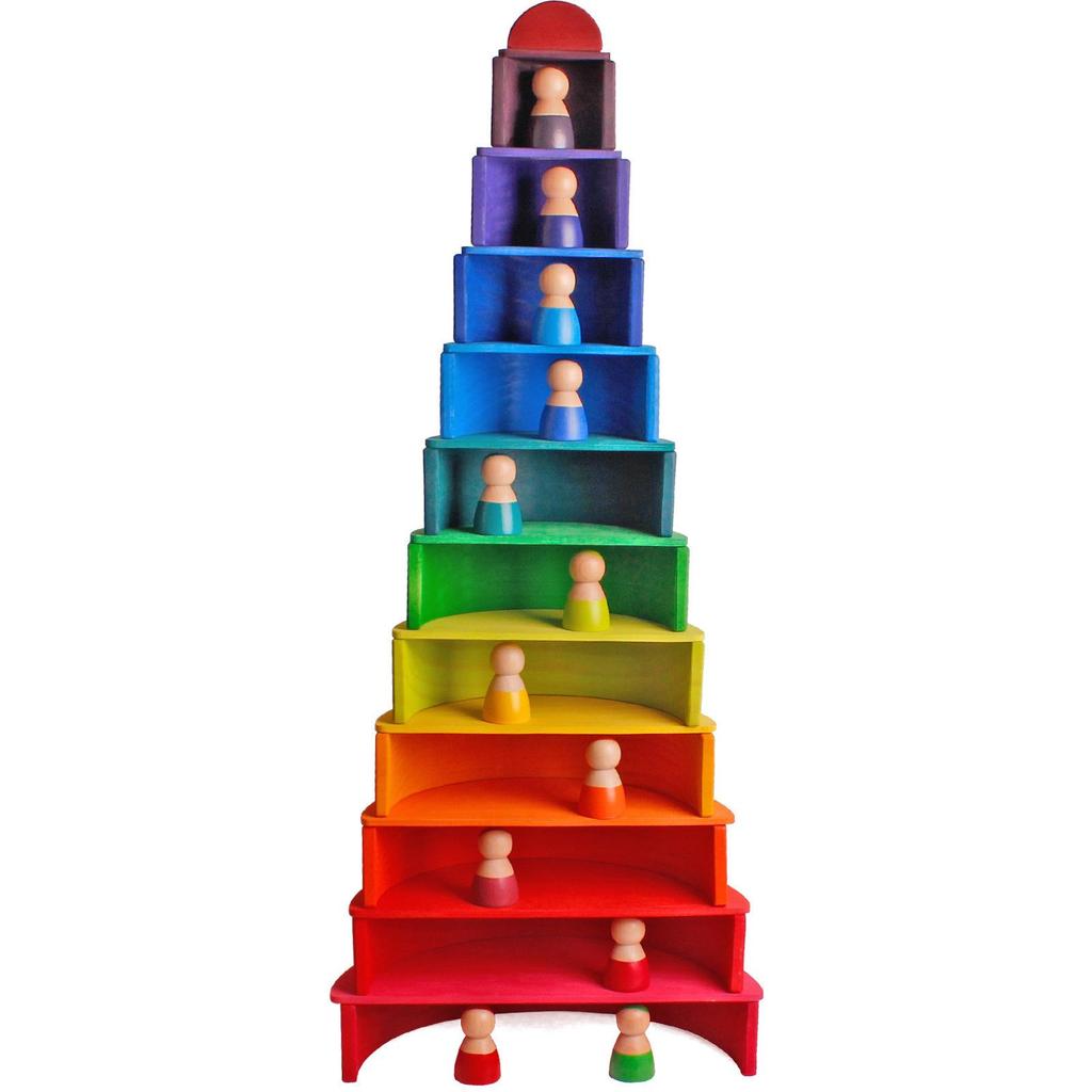 Colorful Wooden Rainbow Arch Bridge & People Stacking Blocks for Children's Early Education