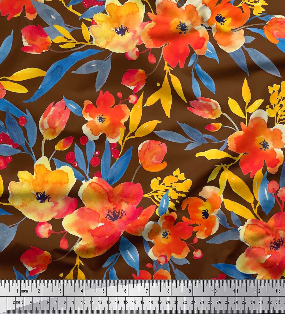 

Японська креп-атласна тканина Soimoi, принти на тканині, листя та квіти маку, розміром 42 дюйми 42 Inch Wide - Poly Crepe коричневий