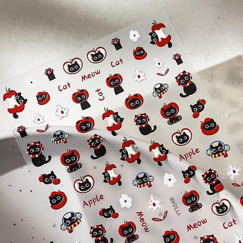 3D Graffiti Black Cartoon Cat Nail Stickers Red Apple Black Cat Animal Nail Decal Slider
