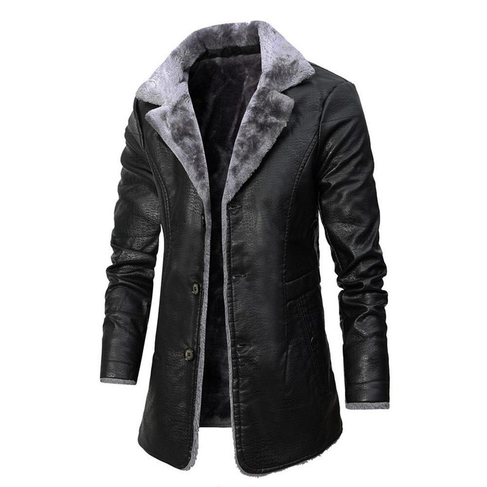 Мужская куртка Удлиненная кожаная куртка Деловой плюшевый костюм с лацканами Кожаная плюшевая мужская куртка S
