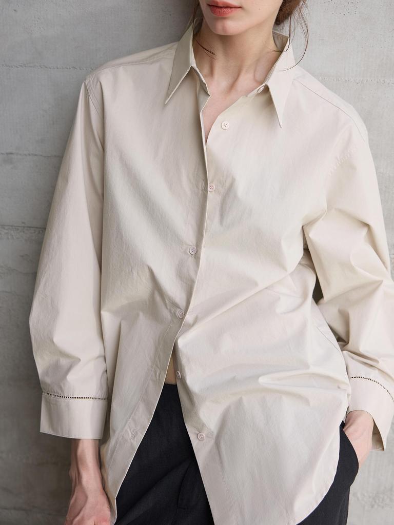 High-Density Long-Sleeve Women's All-Cotton White Shirt with Turn-Down Collar - Elegant Autumn Commuter Style