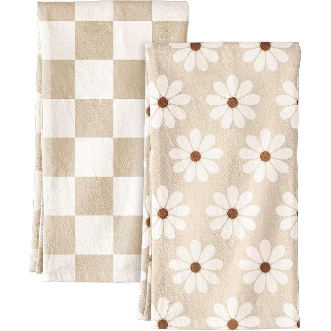 2 Pack Flour Sack Kitchen Towels - 16x26 Inch Cotton Dish Towels with Hanging Loop Reble Geometric Boho Modern Retro Tea Towel Absorbent Dishcloths Beige Checkered Flower