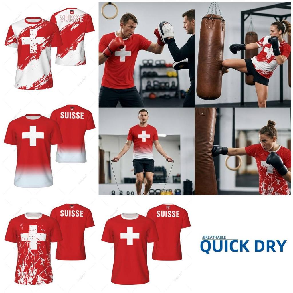 Switzerland Swiss Tshirt Suise MMA Boxing Muay Thai National Flag Training Print 3D Round Neck Short Sleeve Unisex Women Men Quick Dry Fitness Sport
