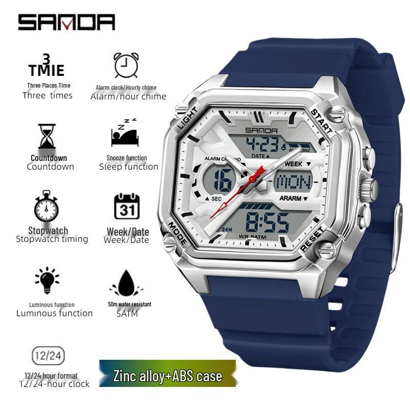 Sanda Men's Multi-Functional Sports Embossed Square Watch with Three-Zone Time and Alarm.