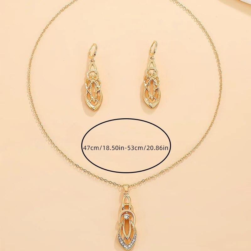 2PCS Vintage Geometric Shiny Zircon Jewelry Set Exquisite Pendant Necklace Hoop Earrings For Woman Trendy Style
