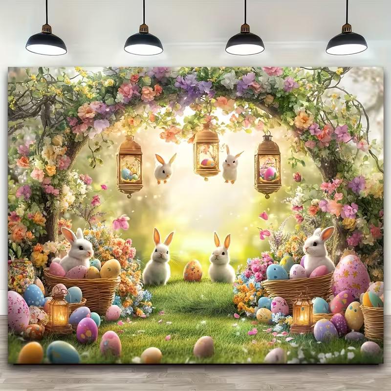 2D Easter Garden Backdrop with Floral Arch, Bunnies and Decorated Eggs Banner