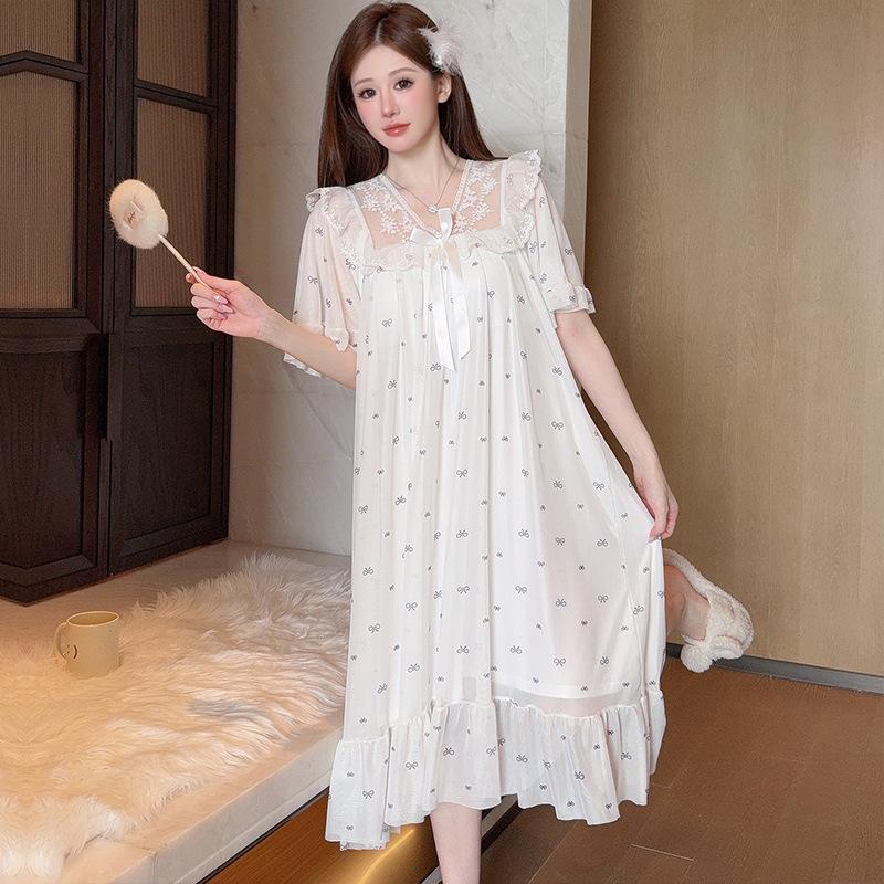 Linglei Summer Printed Lace Bow Mesh Court Princess Style Long Nightdress Pajamas Loungewear Women