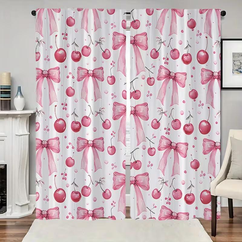 2 ks Růžové třešňové závěsy s mašlí Kawaii Sladký potisk Světlo filtrující závěsy Roztomilá dívčí domácí dekorace do ložnice obývacího pokoje
