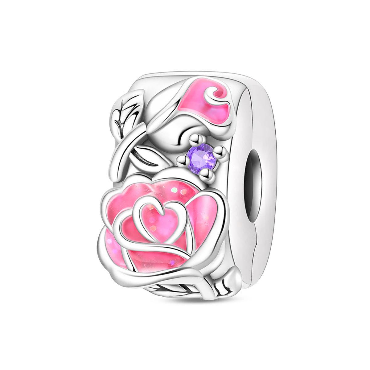 

S925 Silver Valentine s Day Pink Cube Rose Beaded Pendant Necklace Bracelet Jewelry Accessory Set
