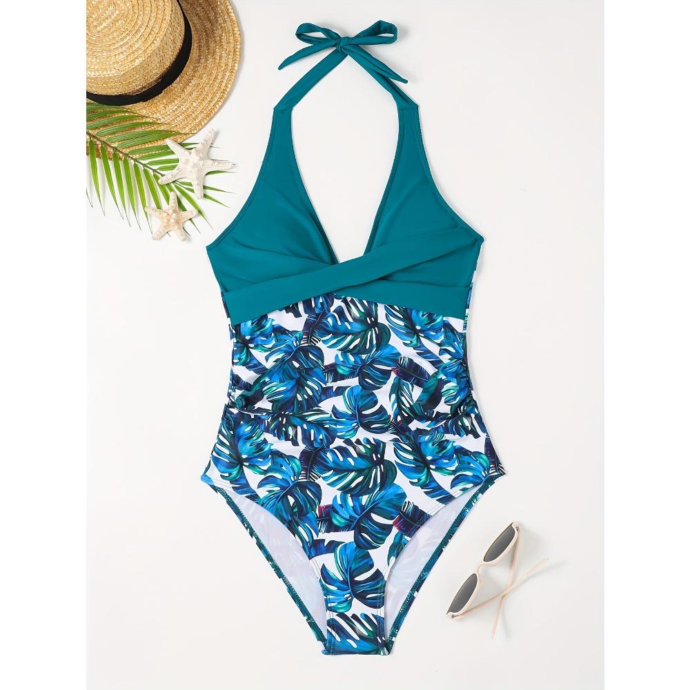 Solid Color Sexy One-piece Swimsuit, Halter V Neck Tummy Control High Cut Bathing Suits, Women's Swimwear & Clothing