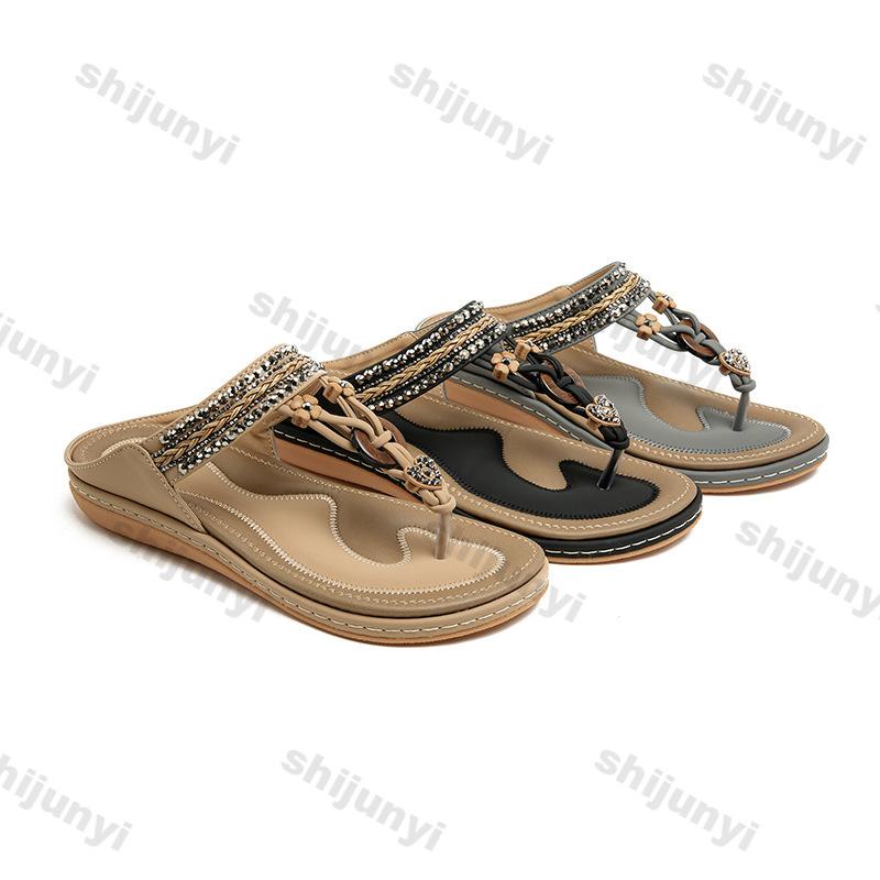 Large Size Women's Flip Flops Summer Lightweight Comfortable Flat Cool Slippers Casual Fashion Rhinestone Soft Sole Beach Shoes