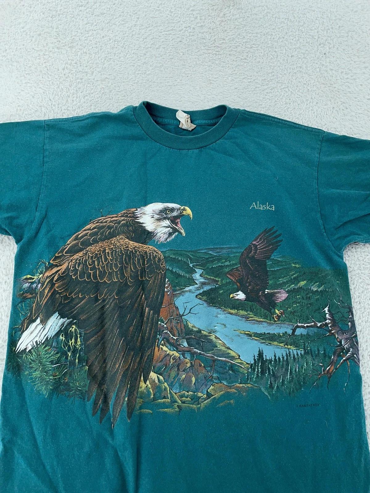 Vintage Alaska Bald Eagle Habitat Shirt Large Teal Green Nature Wildlife Tee 90s 2XL