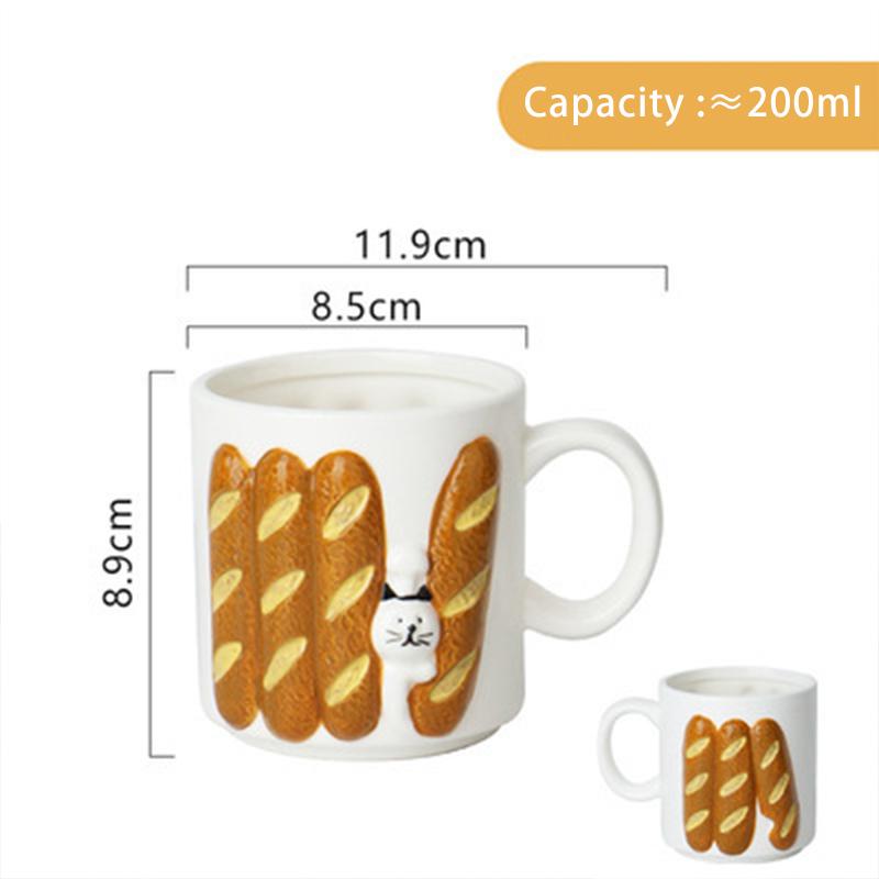 Japanese 3D Relief Cat Baguette & Toast Ceramic Mug Cute Cartoon Breakfast Milk Coffee Cup Drinkware Gift