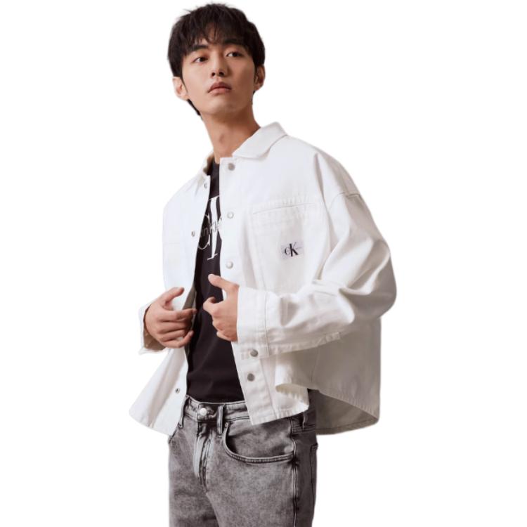 Calvin Klein Classic Retro Pure Cotton Simple Pocket Loose Shirt Men shirts Denim-White J325552