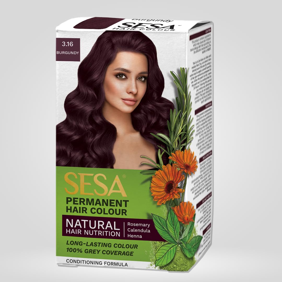 

Sesa Burgundy 3.16 Hair Colour For Men And Women Pack Of 1 Long Lasting 100% Grey Coverage Smooth Shiny Salon-Like Finish