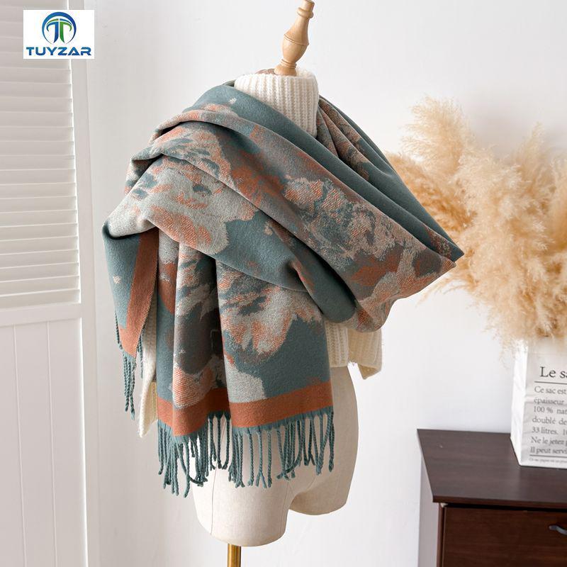Elegant Ethnic Style Double-Sided Scarf – Women's Soft, Thick, Warm Shawl for Autumn & Winter