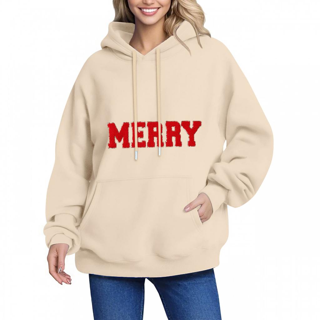 MERRY Women's Hoodie Letter Small Print Long Sleeve Pocket Loose Pullover Sweatshirt Top