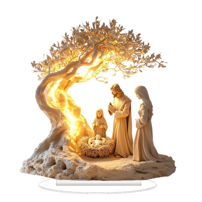 Acrylic Jesus Tree Of Life Nativity Scene Figurine,Holy Family Religious Decor,Christmas Resin Ornament For Home Decor