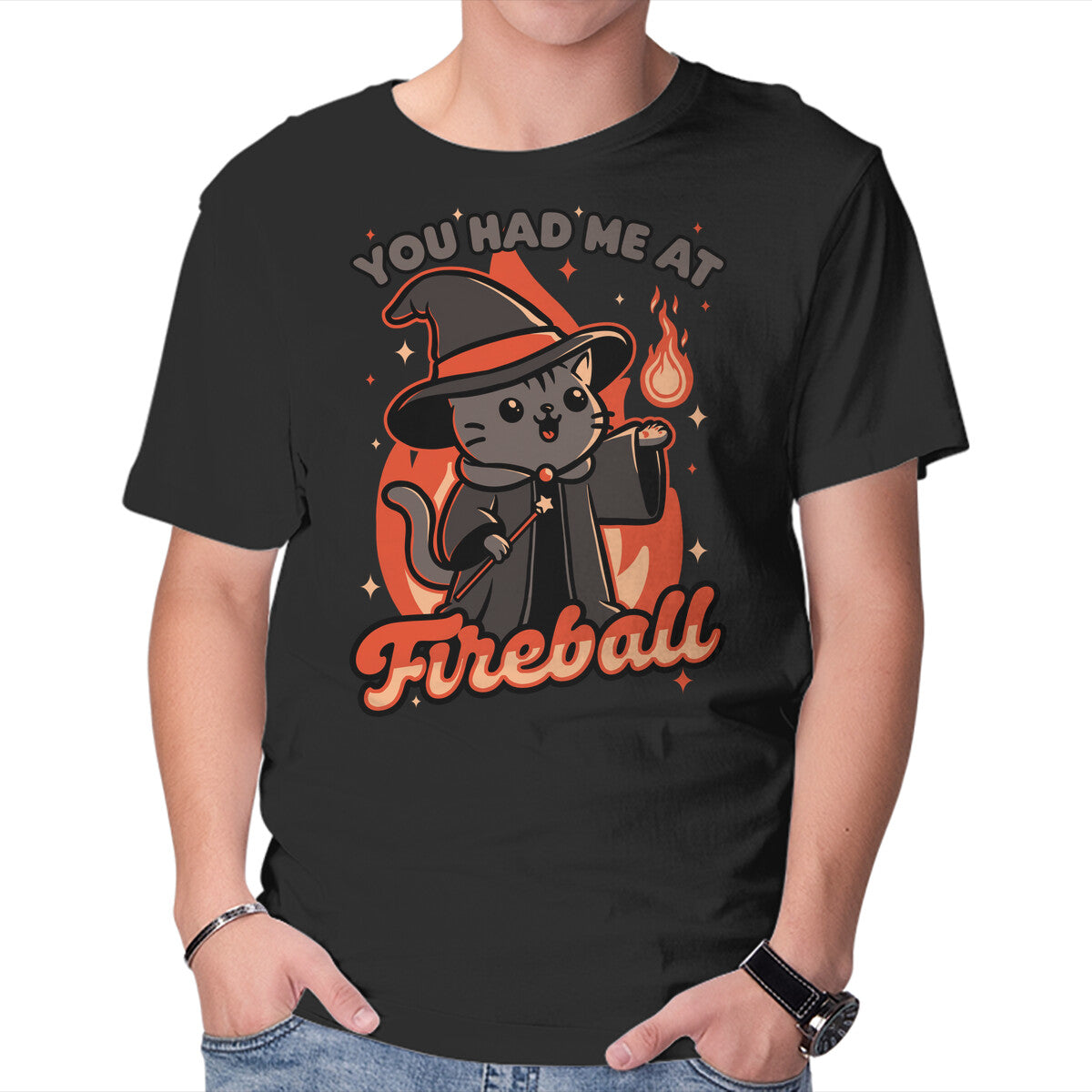 Unisex Crew Neck T-Shirt Magical Fireball Cat Graphic Short Sleeve Casual Tee XXXL