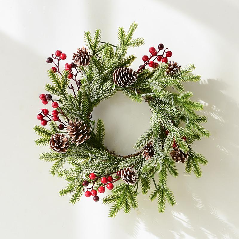 NUCHI Christmas Wreath with PE Leaves, White Pine Cones, and Red Berries - Door Hanging Ornament and Holiday Decoration