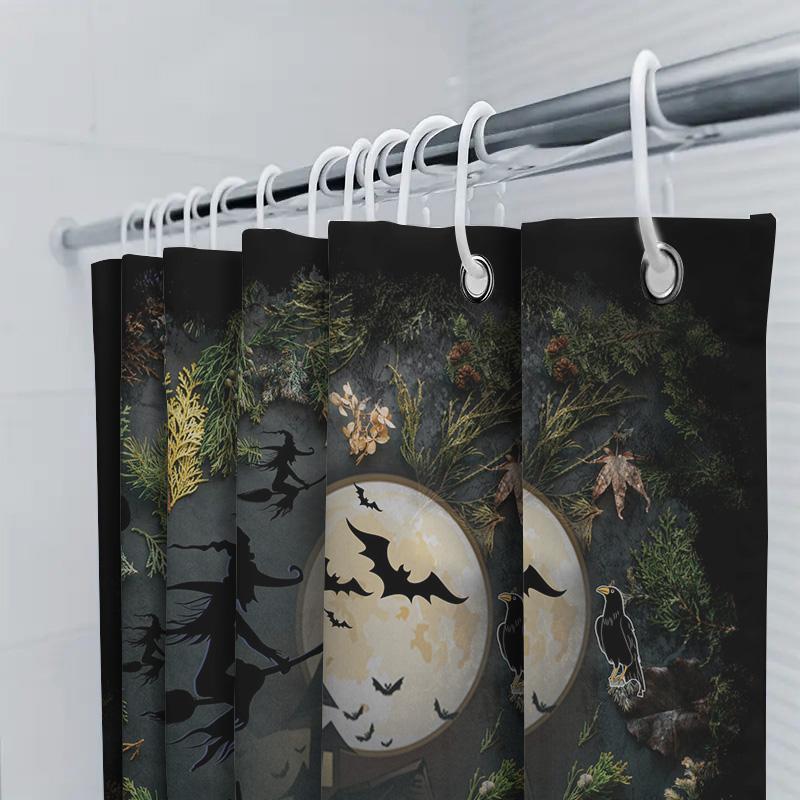 Halloween-themed shower curtain featuring a witch flying through the air with bats and pumpkins perfect for spooky decor Black