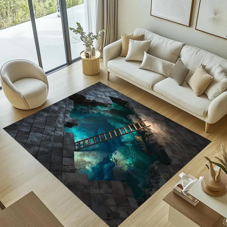 3D Koi Pond Area Rug - Realistic Fish Pond Illusion Floormat Ideal for Living Room Aquatic Pattern Area Floormat Decor