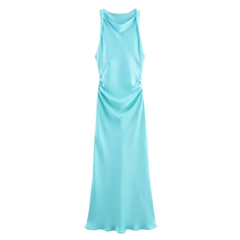 2024 European and American Fashion Black Silk Satin Midi Dress - Round Neck Sleeveless Design