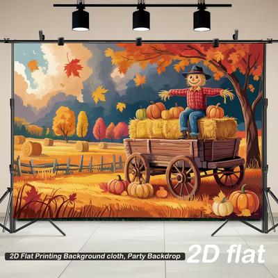 2D Fall Scarecrow and Pumpkin Cart Photography Backdrop Background