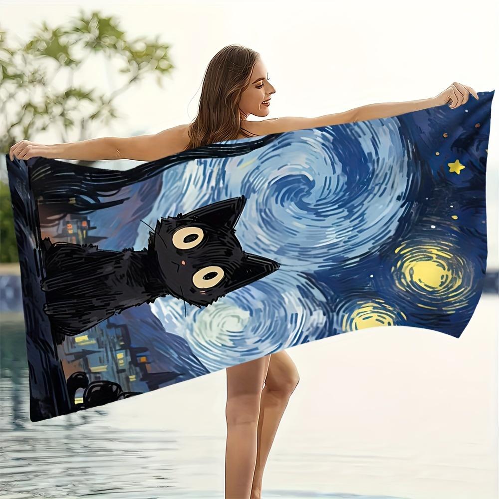 

Van Gogh Starry Night Cat Cartoon Beach Towel, Oversized Soft Quick-Dry Super Absorbent for All W40*H60(CM)