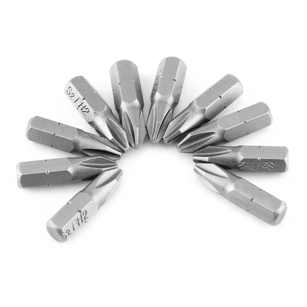 10 Pcs 25mm Length 1 4 Inch Hex Shank S2 Magnetic PH2 Cross Head Screwdriver Bits