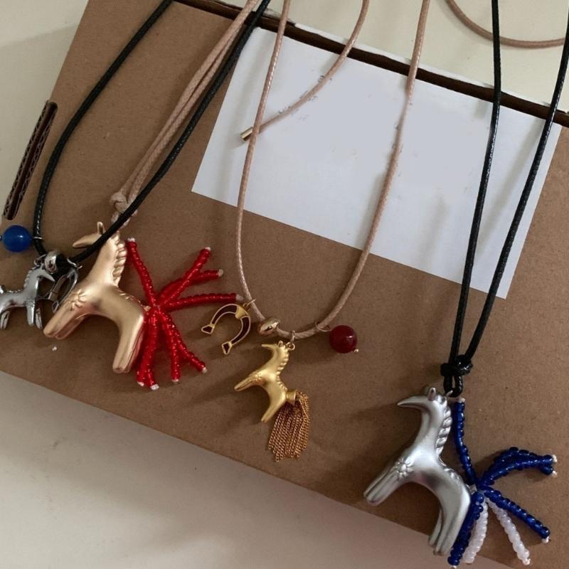 Artistics Horse Charm Jewelry Bohemian Styles Necklace Soft Wax Cord Chain Versatile Wardrobe Staple