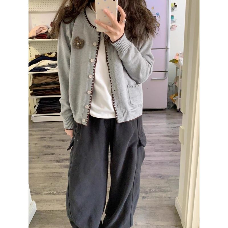 

Милый кардиган с контрастным цветом и вышивкой в виде медведя Grey M [Suggested 45.00 kg-52.50 kg]]