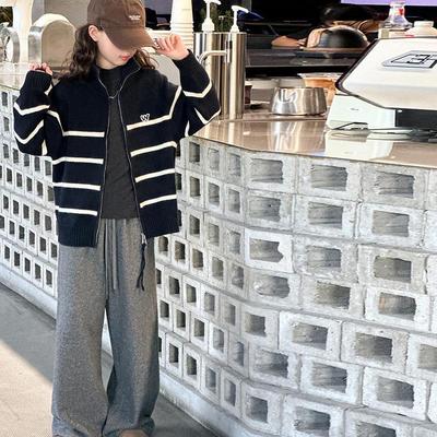 Girls' Striped Zipper Cardigan - Spring & Autumn 2025 Fashion Knitted Sweater