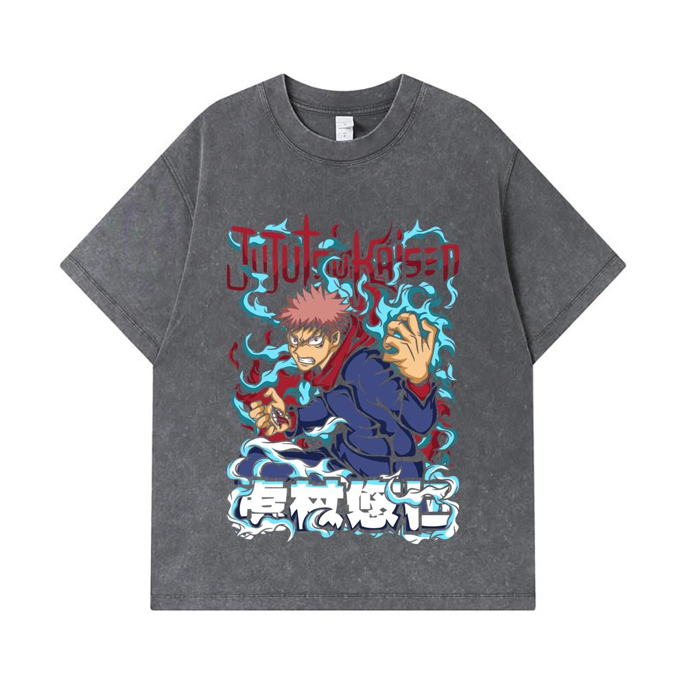 275 GSM Washed T-shirts 100% Cotton Jujutsu Kaisen V50 Yuji Print Unisex Heavy Cotton T Shirt