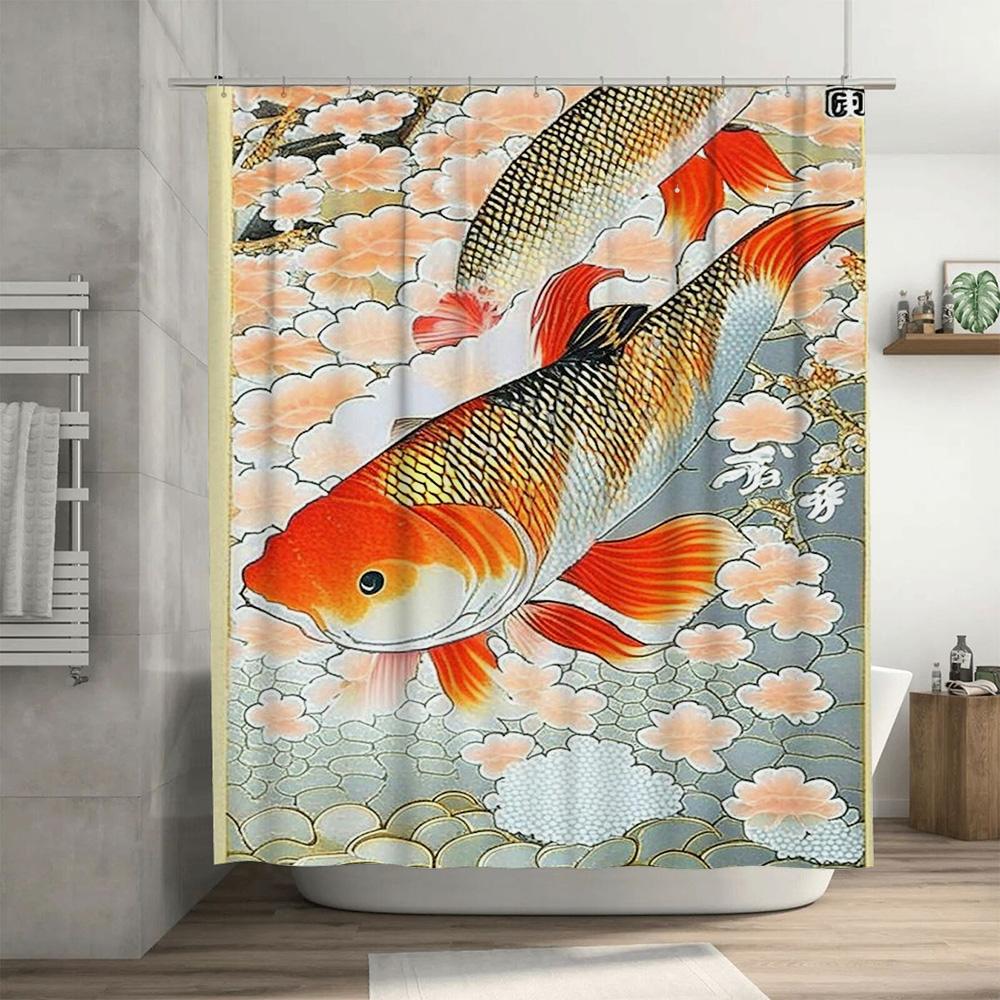 Modern Bathroom Decor Creative Fish Print Shower Curtain Set For Home Bathing Area With Hook Rods Includedpeach Blossom Design I