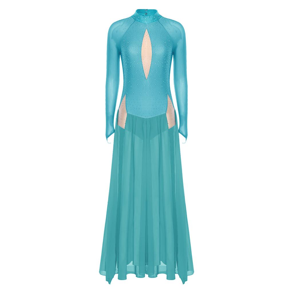 Vestido de Danza Lírica para Mujer con Pedrería Brillante, Manga Larga, Diseño sin Espalda, Chifón, Bajo con Abertura, Leotardo de Una Pieza