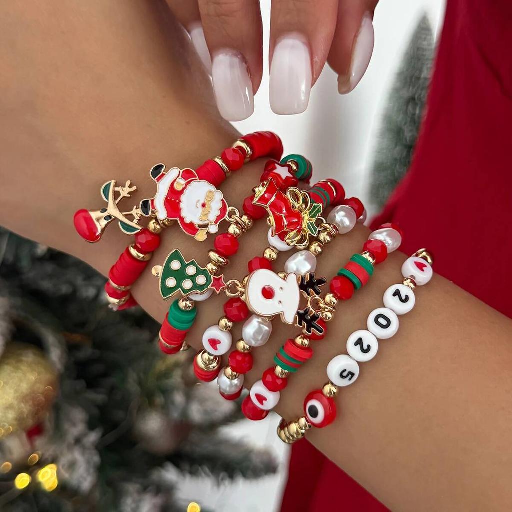 SHIXIN Cute Christmas Series Tree Snowflake Snowman Pendant Bracelet Set Women Adjustable Crystal Bead Chain Rope Chain Bracelet