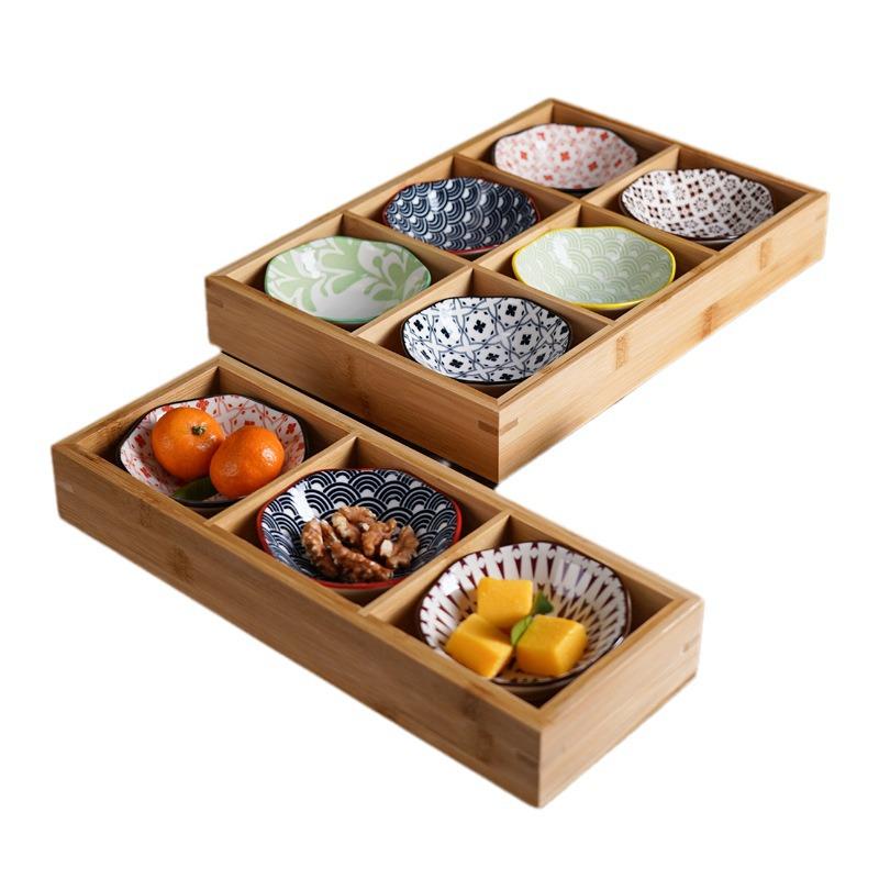 Nine-Compartment Solid Wood & Ceramic Tray for Dried Fruits, Nuts & Tea Snacks - Chinese & Japanese Style.