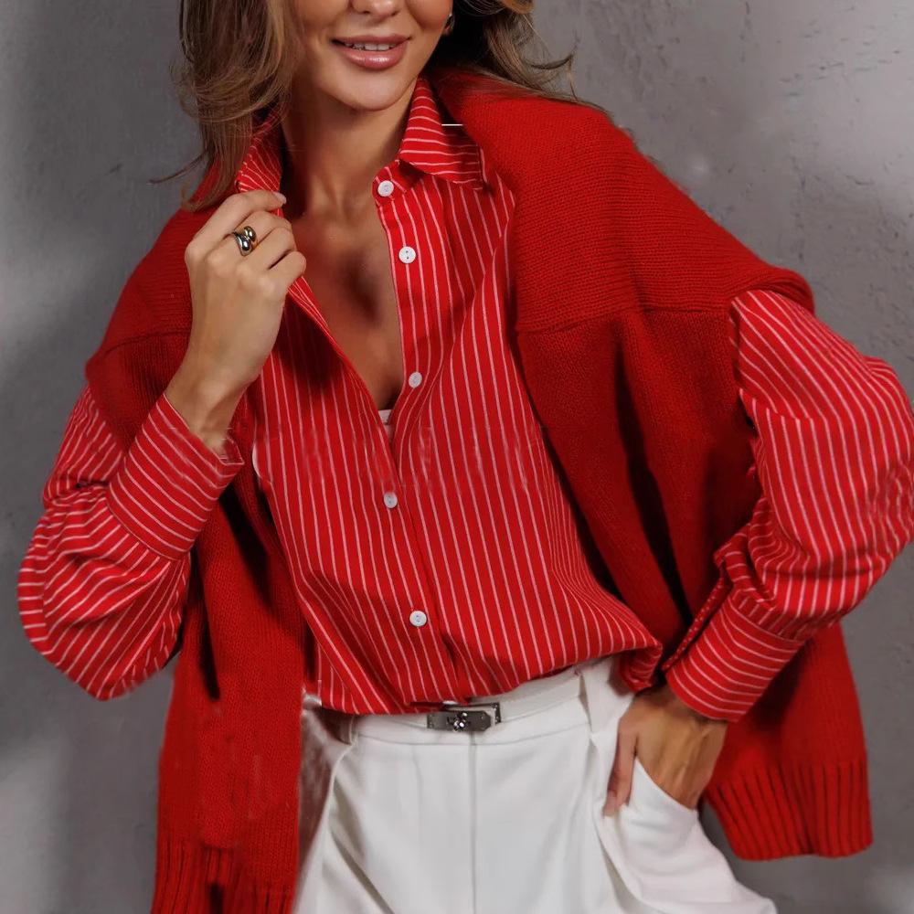 Women s Red White Vertical Stripe Long Sleeve Shirt Button Down Lapel Collar Blouse S