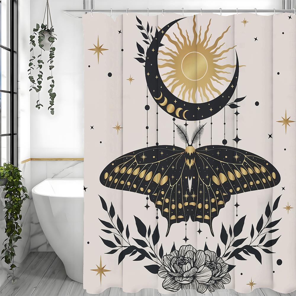 Moon Phase Butterfly Moth Witch Vintage Gothic Shower Curtain, Bathroom Decorative Shower Curtain, Waterproof Shower Curtain wit