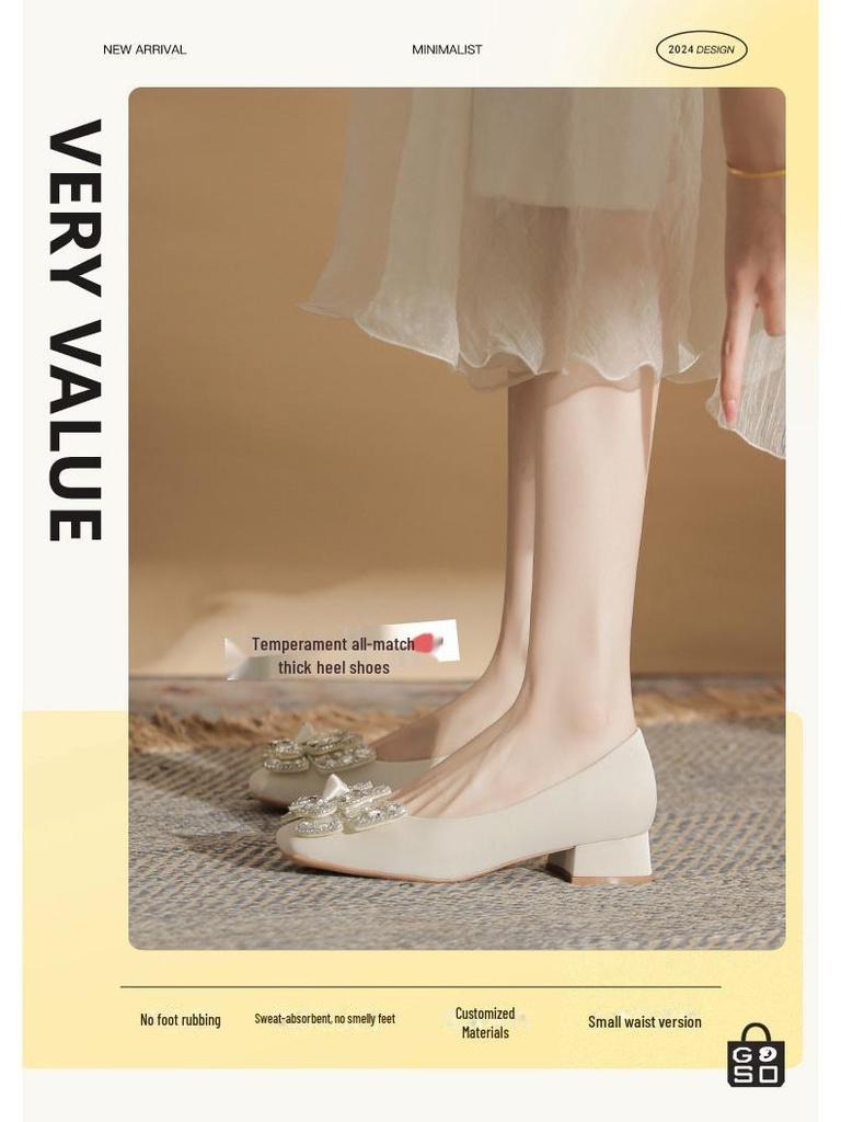 Salto Alto Feminino de Bico Quadrado com Laço de Strass - Estilo Fada, Salto Grosso, Confortável, Sapatos que Combinam com Tudo